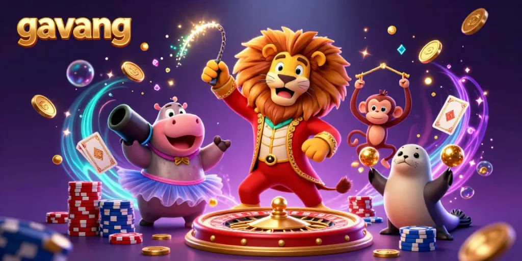 Experience thrilling gameplay at Gavang with a festive casino scene featuring a circus lion, hippo, monkey, and seal.