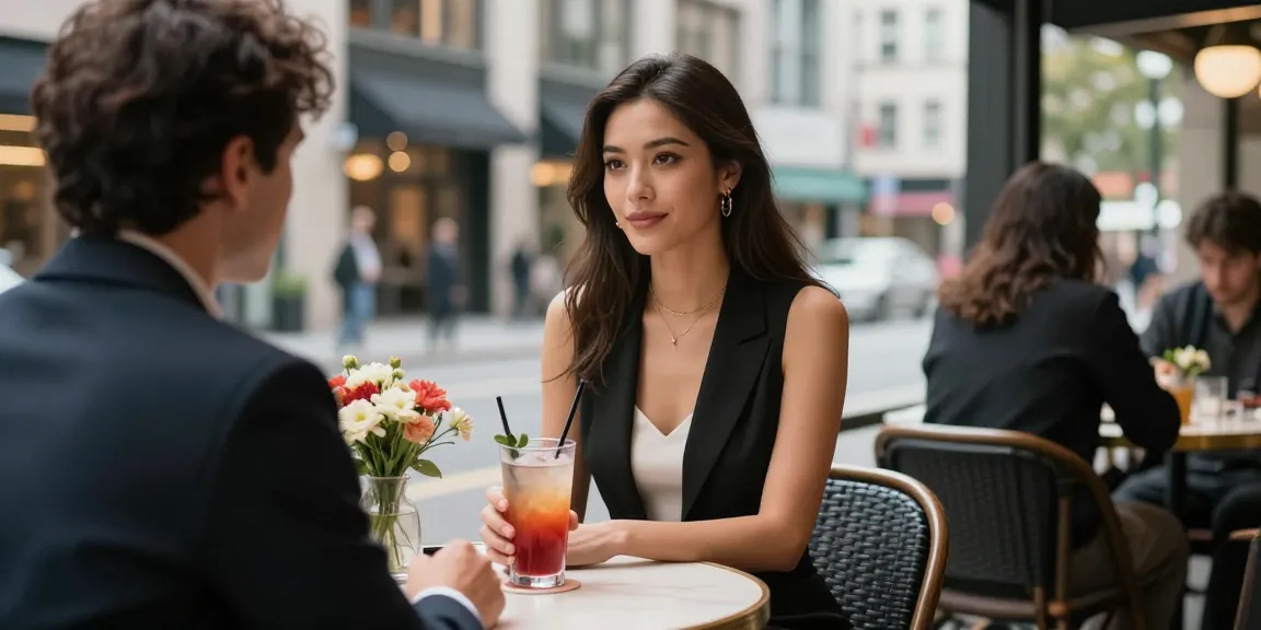 Beylikdüzü escort, şık bir kafe ortamında müşteri ile etkileşimde bulunuyor.