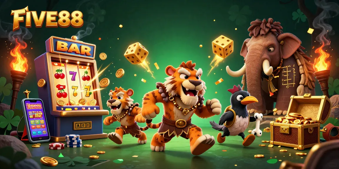 FIVE88 showcases a vibrant 3D casino scene with cavemen and engaging casino elements.