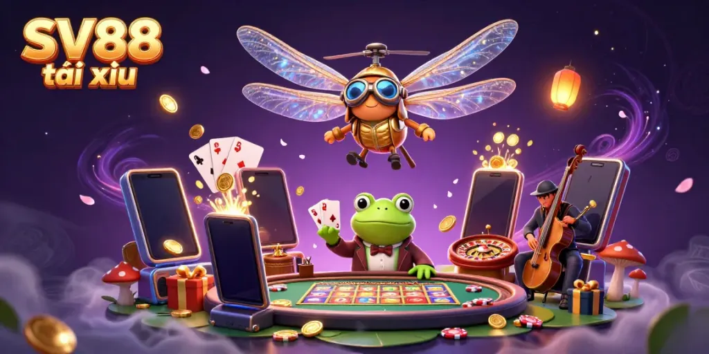 Experience the thrill of gaming with SV88 tài xỉu, featuring a dynamic dragonfly pilot and jazz-playing frogs in a vibrant casino scene.