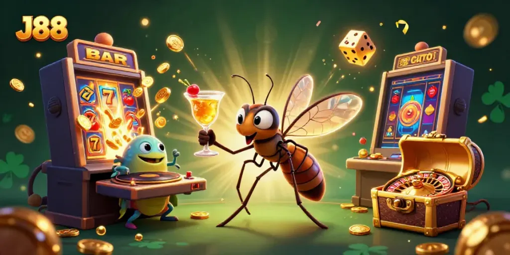 Experience the thrilling excitement of J88 with a vibrant casino scene featuring unique mascots and game elements.
