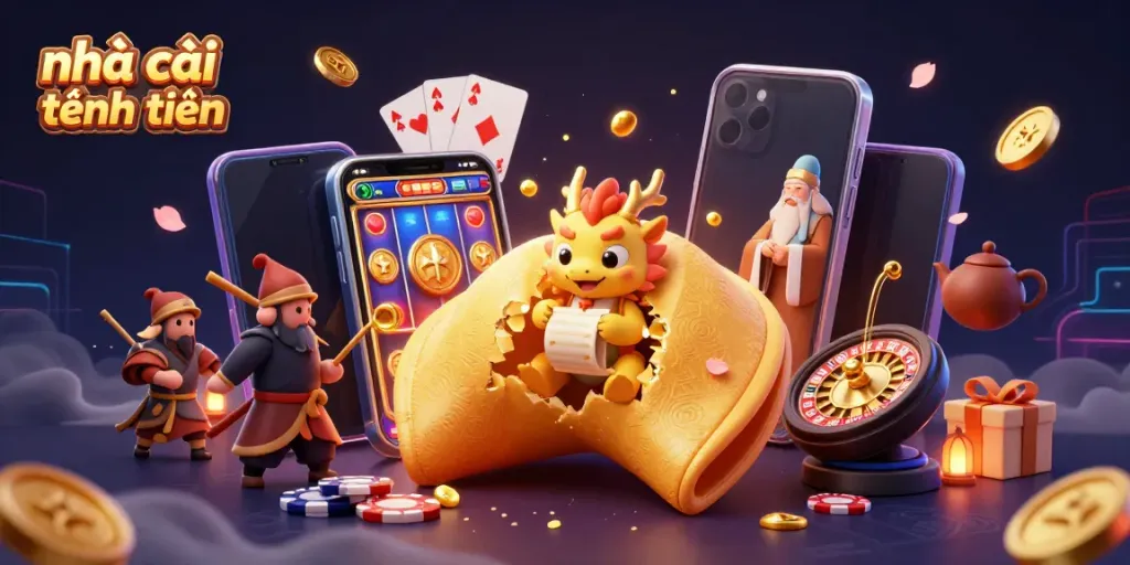Experience the excitement and rewards of nhà cái tặng tiền with a captivating 3D casino scene filled with vibrant characters and games.