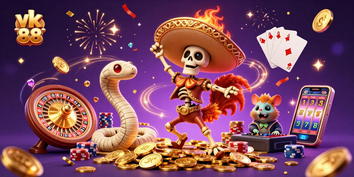 vk 88 delivers thrilling casino vibes with a skeleton mariachi dancing amid gold coins and gaming elements.