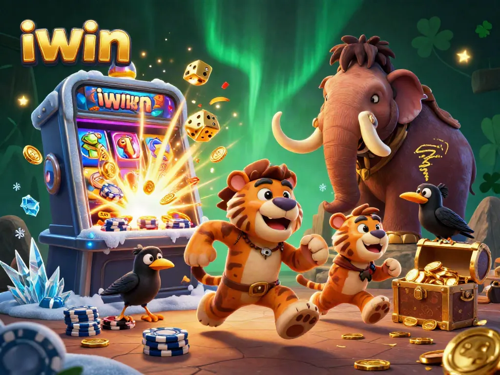 Experience thrilling iwin gameplay in a prehistoric casino scene with dynamic visuals and playful characters