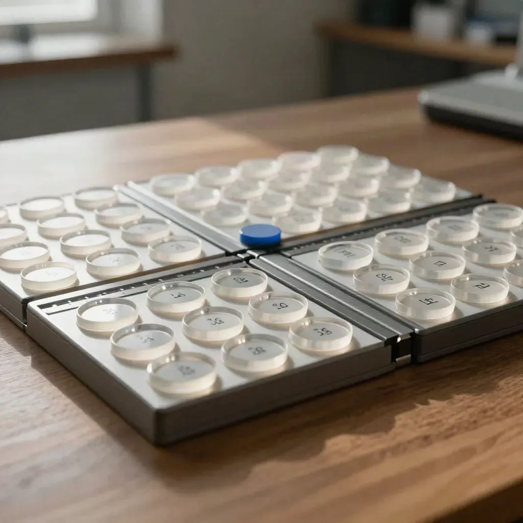 İki şeffaf akrilik tepside ontoloji eşleme düzeni, kaygan grid ve slate mavi vurgu.