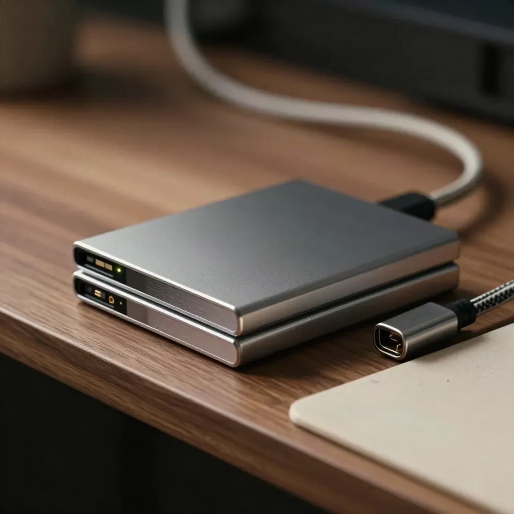 Yakın planda SSD yığını, kablo ve dock; karanlık biyoinformatik çalışma yüzeyi.