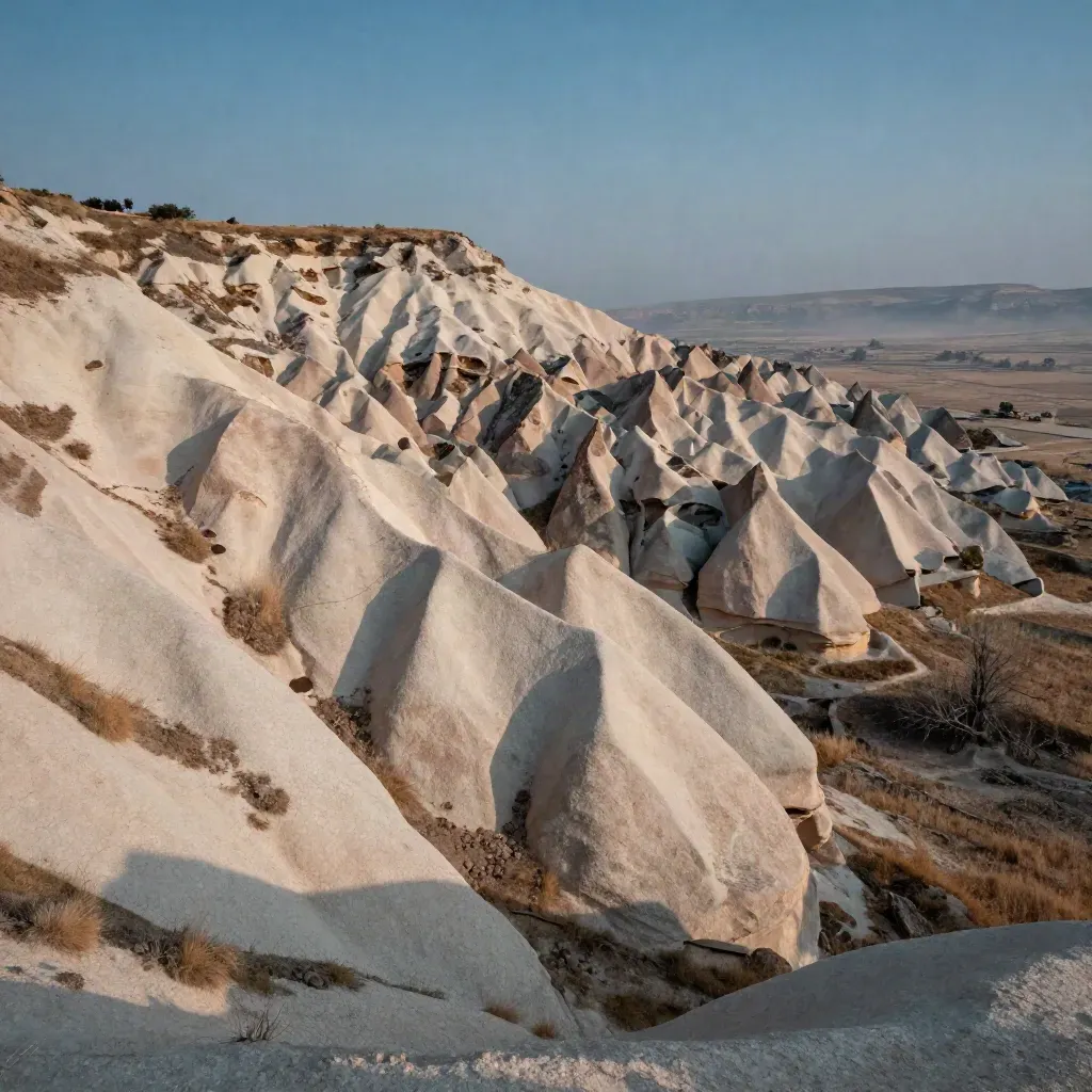 Kapadokya tüf sırtları, geniş stepte sabah sisi ve mavi gökyüzü.