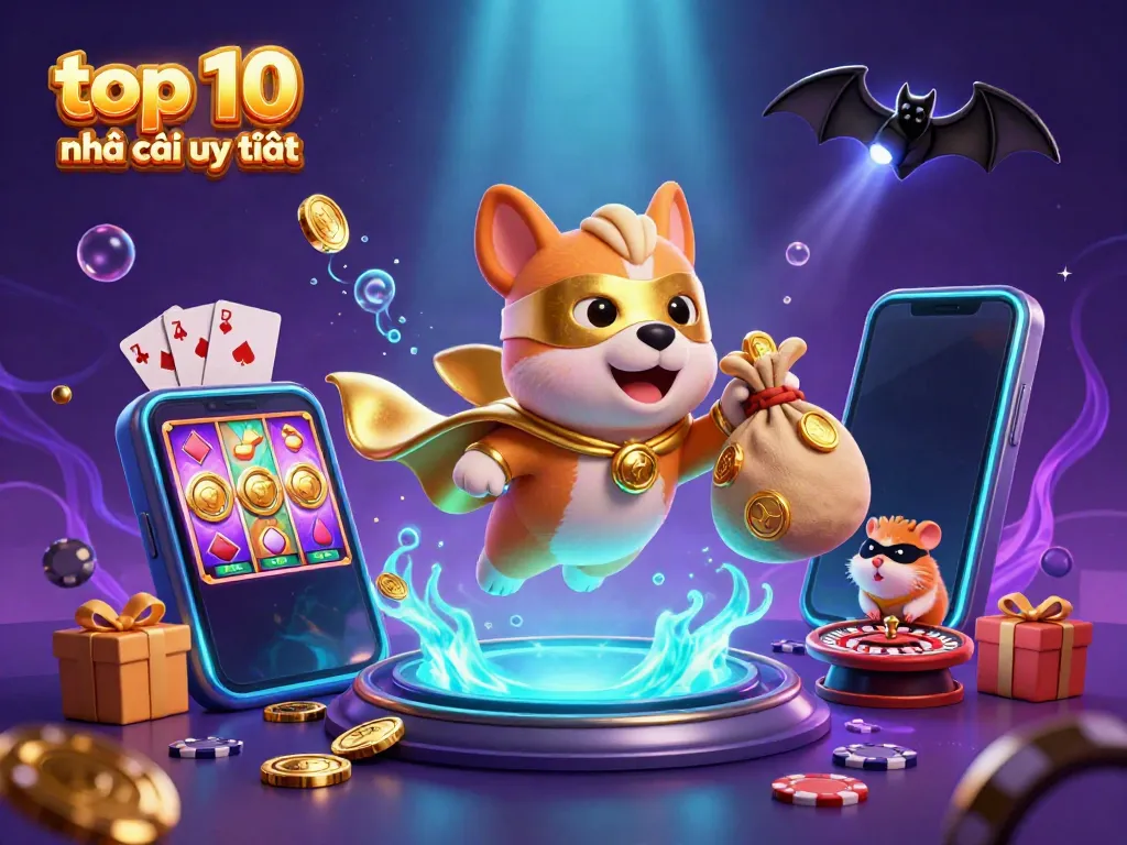 Engage with the top 10 nhà cái uy tín through an exciting 3D casino-themed scene featuring colorful slot games and flying characters.
