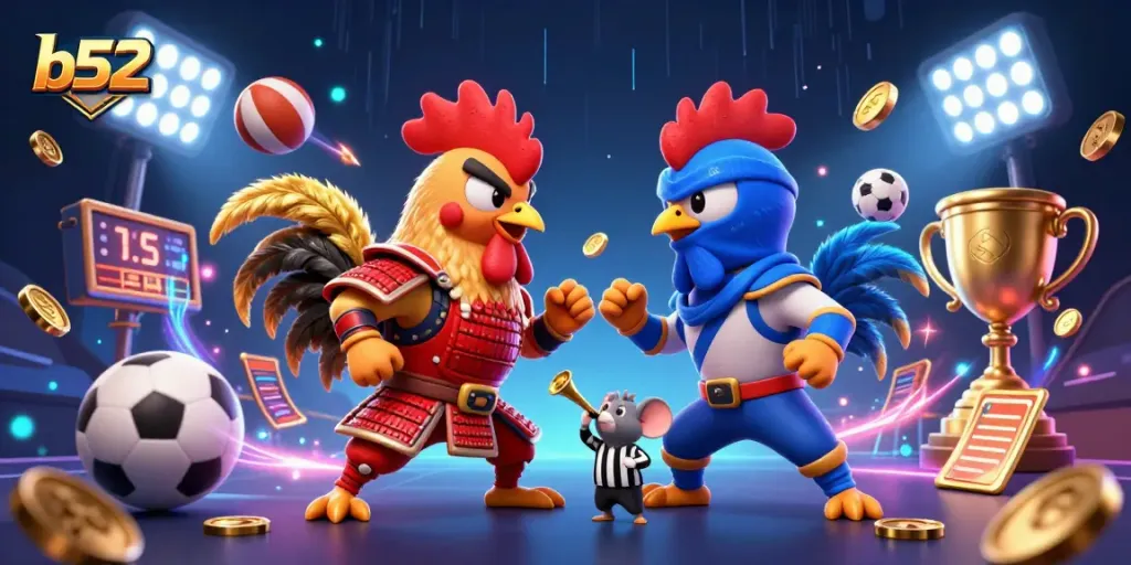 Experience the thrilling action at b52 with dynamic fighting roosters and vibrant casino elements.