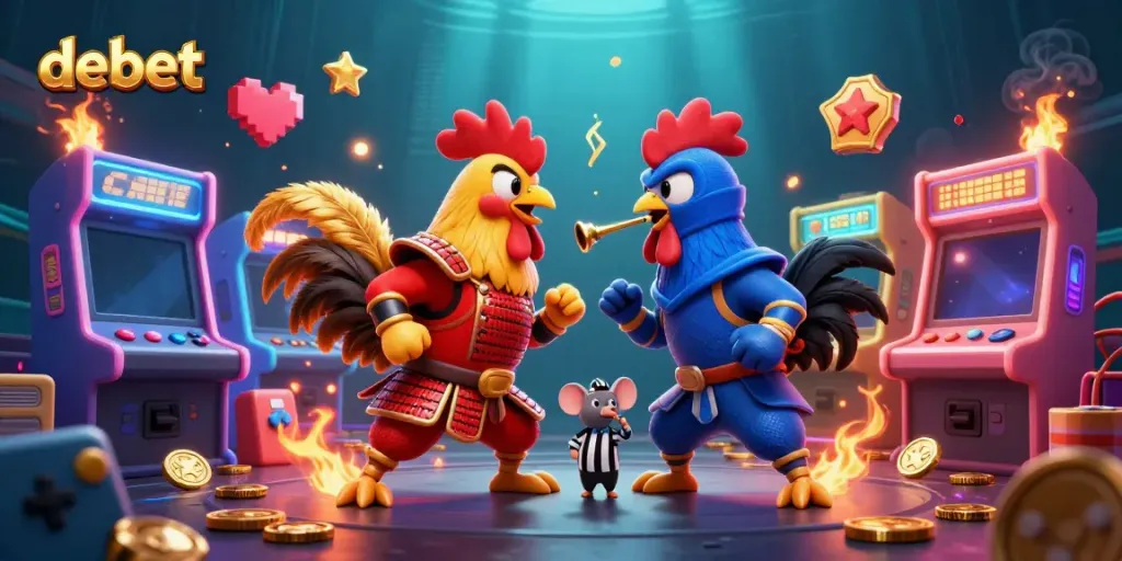 Experience the thrilling debet action with fighting roosters and casino game elements in a vibrant 3D illustration.