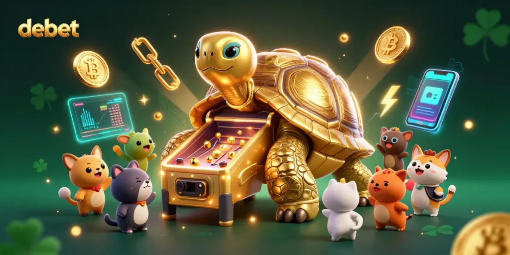 Engage with debet in a vibrant 3D casino scene featuring a golden tortoise and crypto coins.