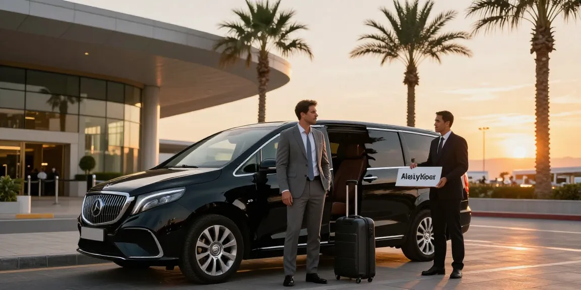 Antalya Private Transfer showcased with luxury vehicle and traveler at the airport.