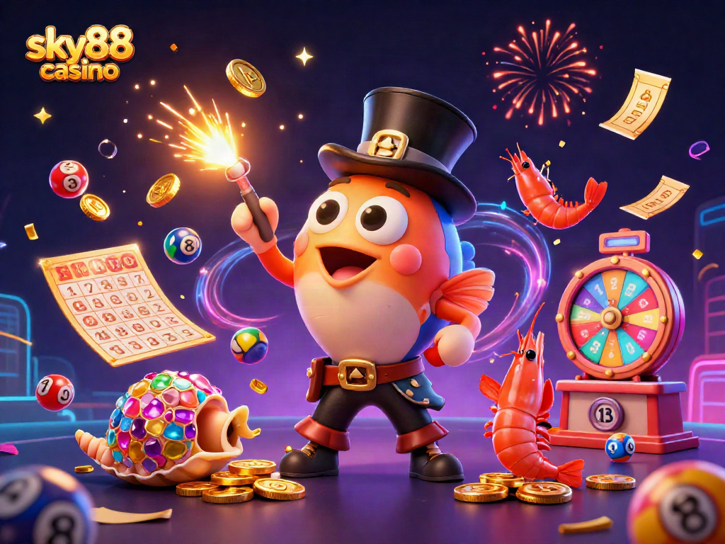 Engage with excitement at sky88 casino with a captivating 3D illustration showcasing lottery elements and dynamic characters.