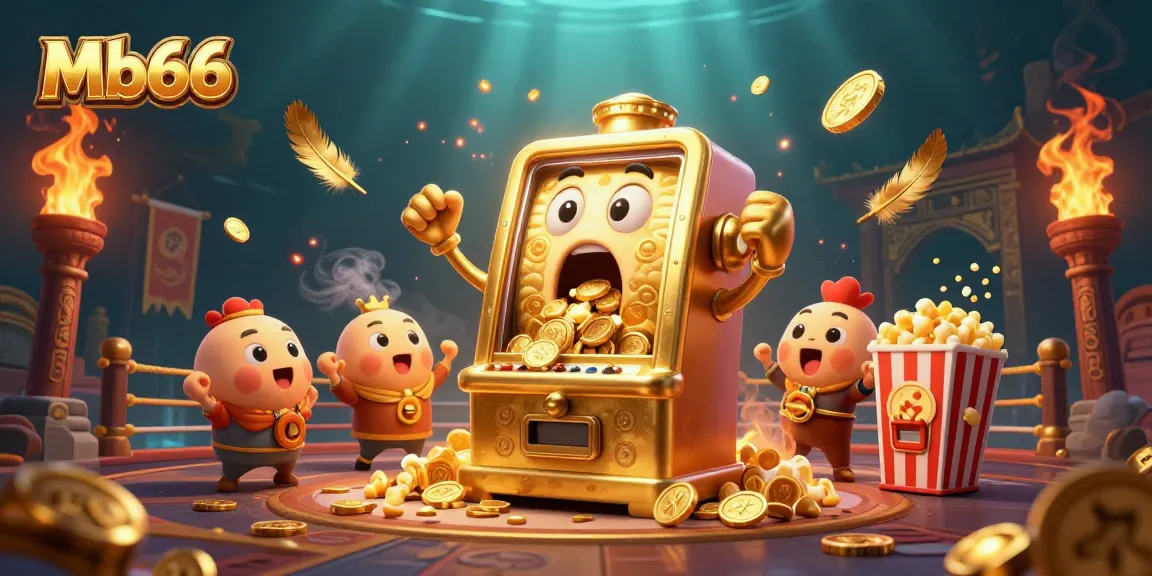 Mb66 casino features a golden slot machine celebrating a jackpot alongside cheering baby machines.