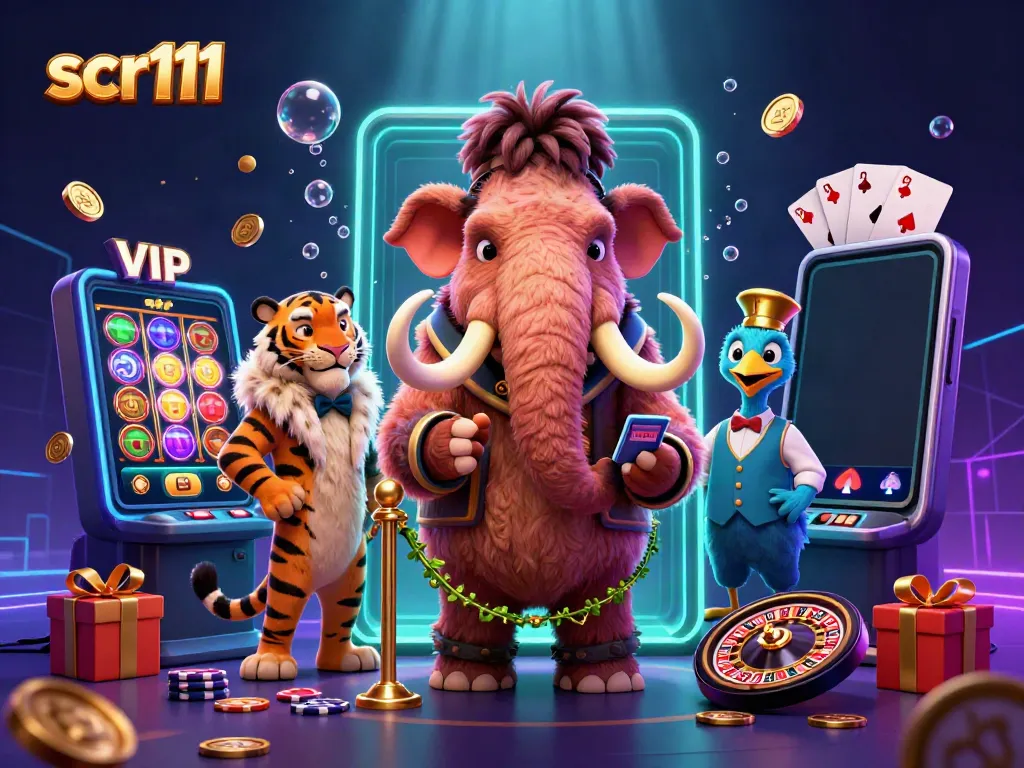 Join the excitement at scr111 as a saber-tooth tiger VIP enjoys vibrant games amidst a fun casino atmosphere.