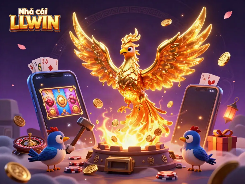 Experience thrilling gaming glory at Nhà cái LLWIN with golden phoenix, dynamic casino games, and vibrant elements.
