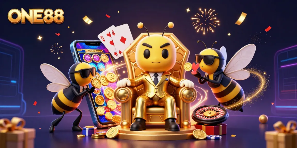 Immerse in the thrilling world of ONE88 with a vibrant casino scene featuring a mob boss and gaming elements.