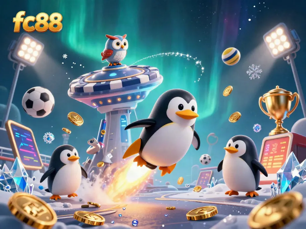 Experience thrilling gaming at FC88 with a penguin rocket soaring past a vibrant casino.