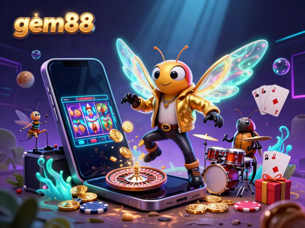Catch the action at gem88 with a thriving casino scene featuring a vibrant cartoon band and exciting game elements.