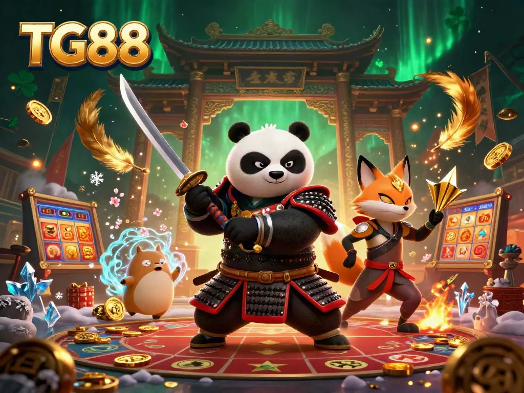 Experience the exciting gaming world of TG88 with a thrilling 3D illustration featuring samurai panda and dynamic casino elements.