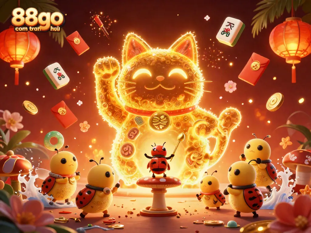 Experience the excitement of 88go com trang chủ with golden fireflies, lucky symbols, and casino elements.