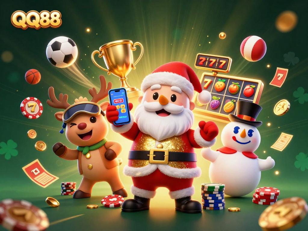 Experience the excitement of QQ88 slots with Santa, a reindeer dealer, and a poker chip snowman!