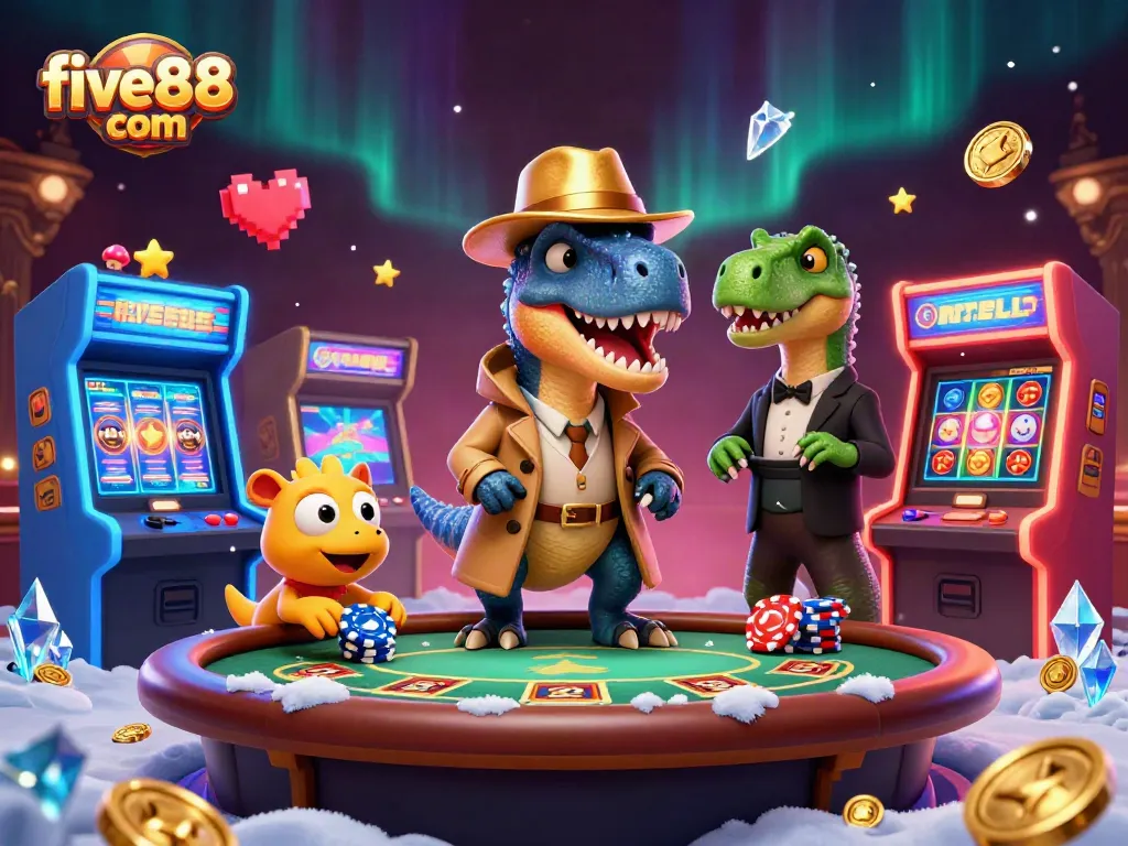 Experience thrilling gameplay at five88 com with colorful arcade elements and cartoon characters in a casino scene.