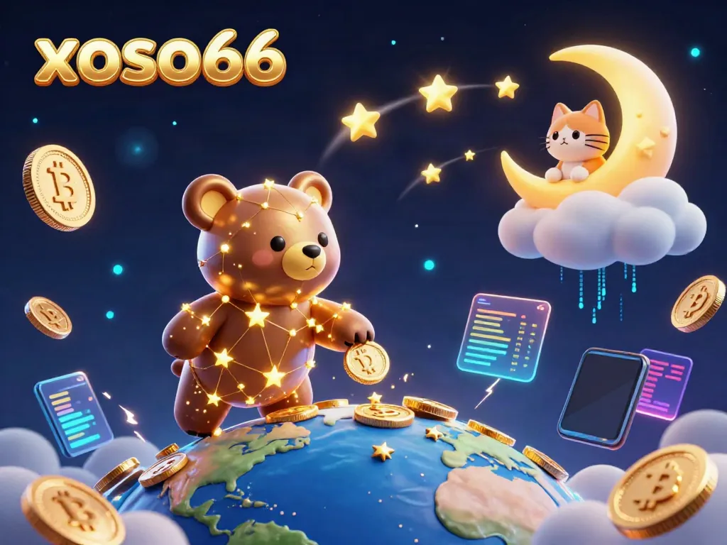 Experience thrilling games with xoso66 in a vibrant cosmic 3D illustration of luck and fortune.