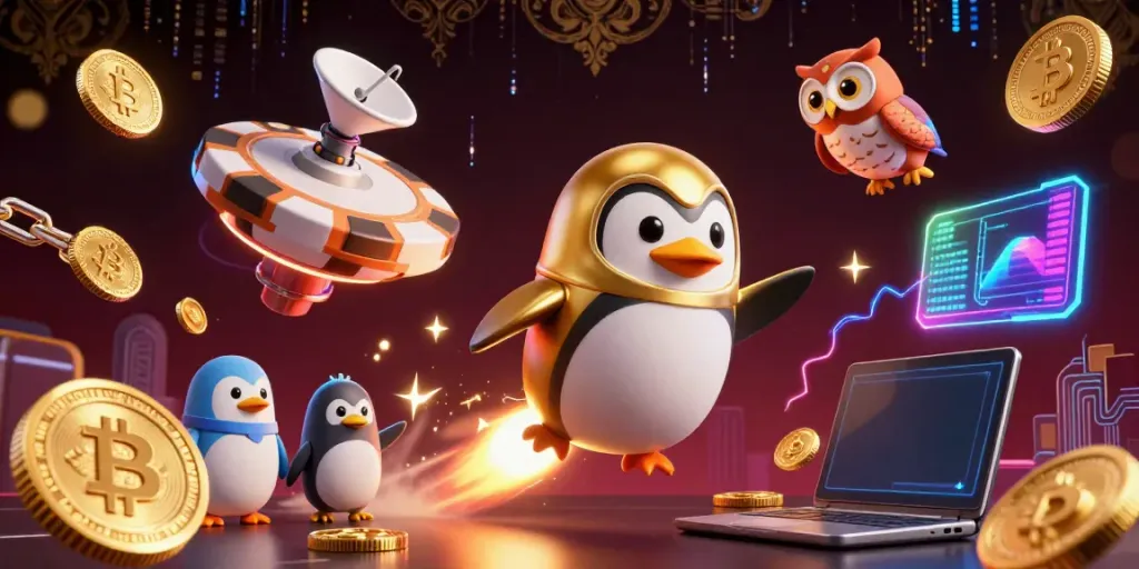 Experience the excitement of sumwin with a golden penguin and a poker chip spaceship in a colorful casino galaxy.