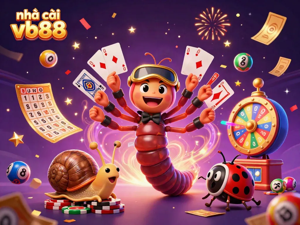 Engage with the excitement of nhà cái vb88 through a colorful casino illustration featuring animated characters and dynamic gambling elements.