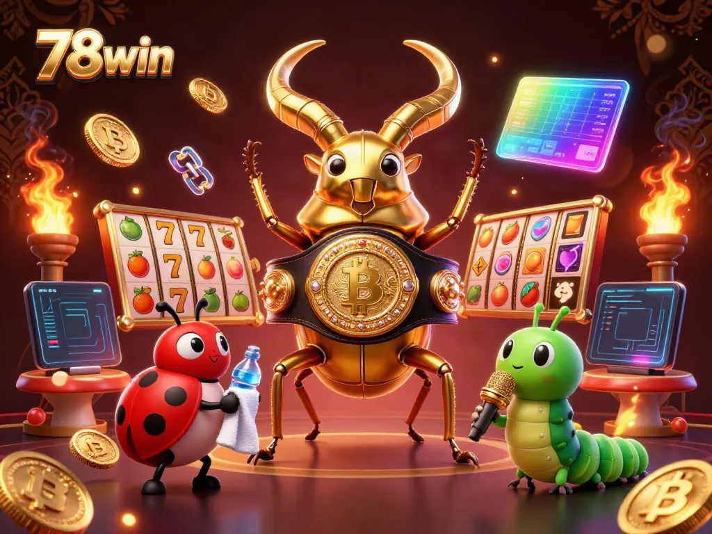 Engage in vibrant casino action with 78win as cartoon characters clash over slot reels and crypto coins.