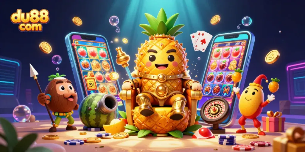 Experience immersive gaming fun with du88 com's colorful slots and dynamic characters in this vibrant casino illustration.