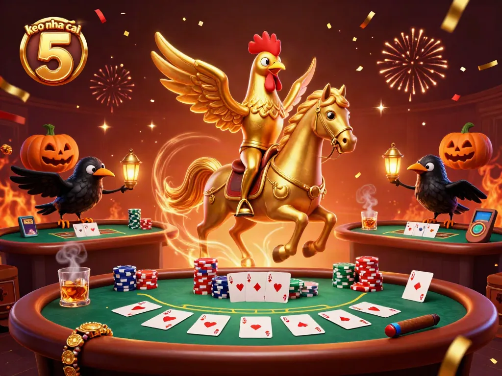 Engage with the keo nha cai 5 action in a vibrant casino scene featuring a golden rooster and crow companions.