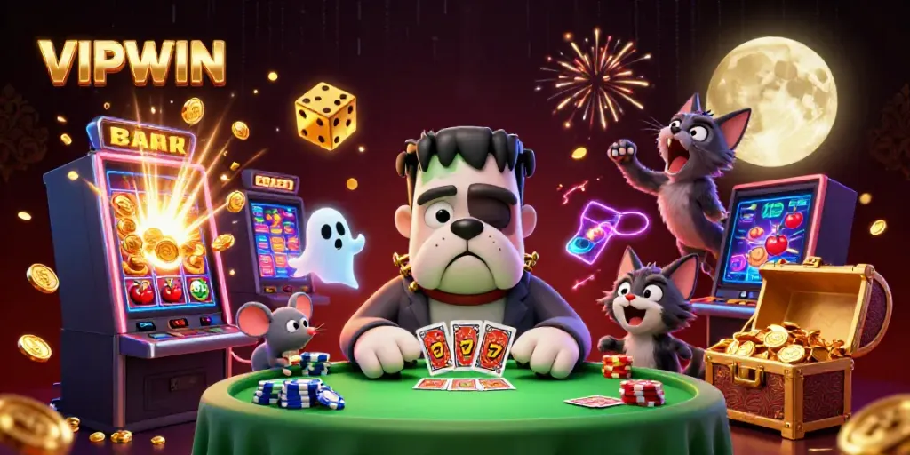 Engage in thrilling gameplay at VIPWIN with illustrated casino characters amidst a vibrant, dynamic scene.