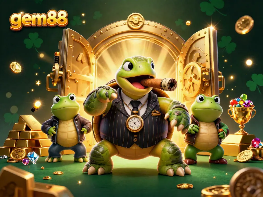 Join the excitement at gem88 with a vibrant casino scene featuring a turtle mobster and bullfrog enforcers.
