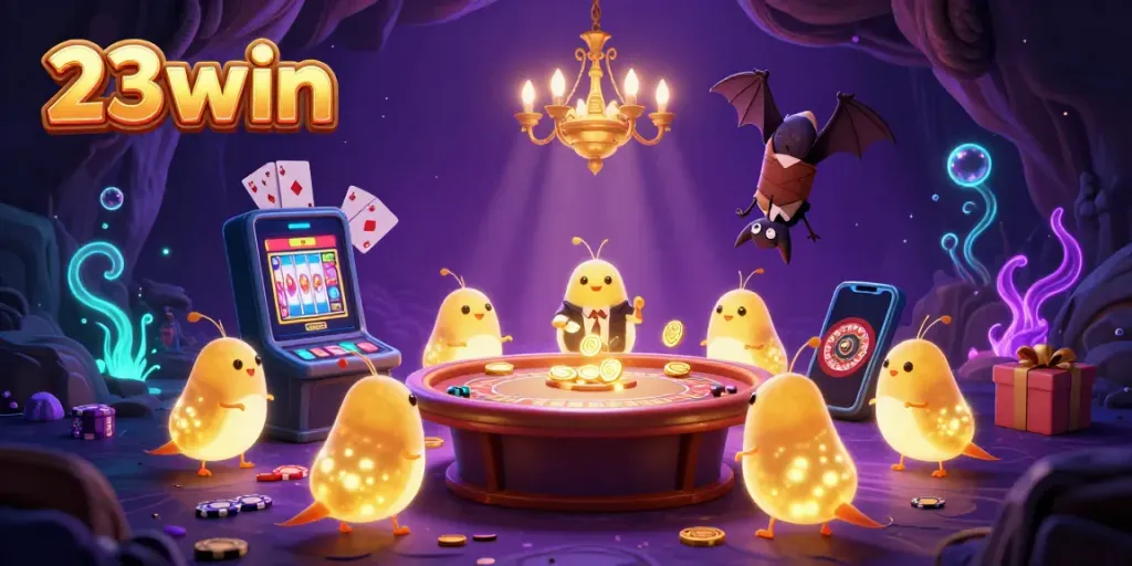 Experience the thrilling atmosphere at 23win with vibrant glowworms lighting up the cave casino scene.