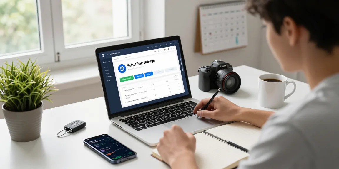 PulseChain Bridge interface displayed on a user's laptop in a modern office, highlighting seamless ETH and PLS transfers.