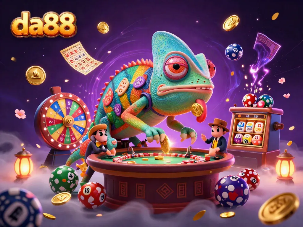 Experience the excitement of da88 with vibrant elements like colorful lottery balls and casino characters.