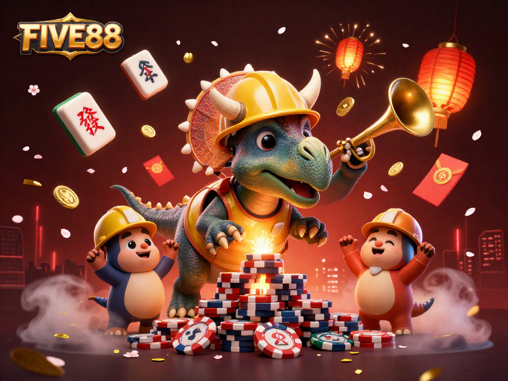 Experience the thrill of FIVE88 with a vibrant 3D illustration celebrating casino gaming.