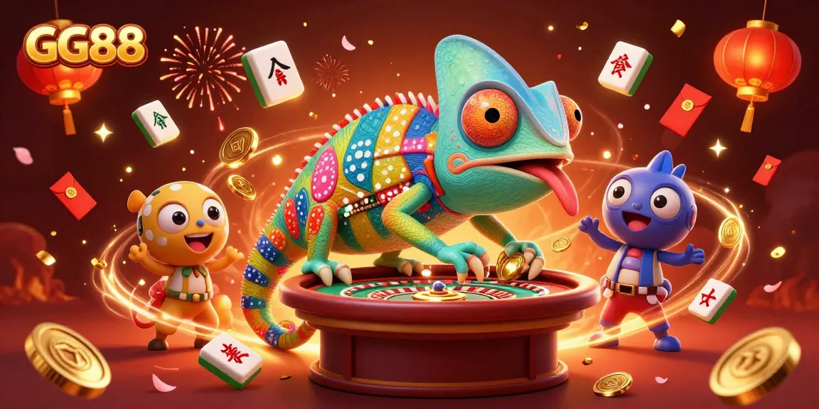 Experience GG88's vibrant casino energy with a dynamic chameleon owner surrounded by festive gaming elements.