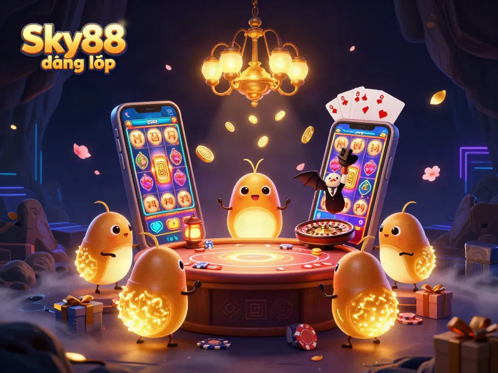 Win at Sky88 đăng nhập with this vibrant 3D casino illustration showing glowworms illuminating a gaming cave.