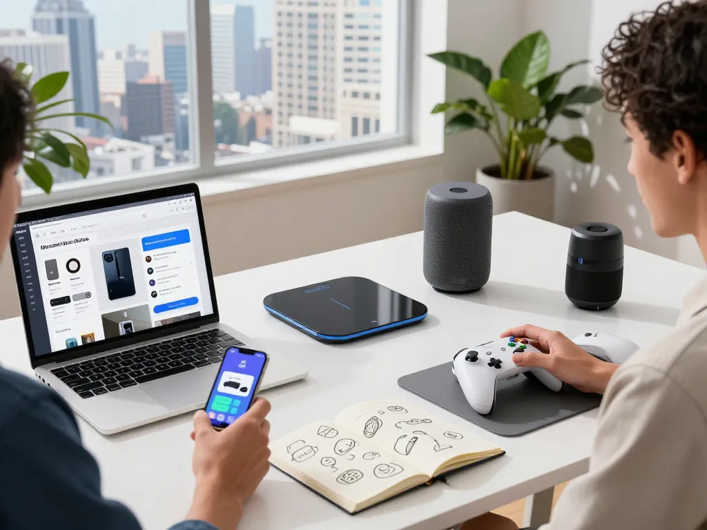 Person using must have tech gadgets in a modern workspace filled with innovative devices and tech paraphernalia.