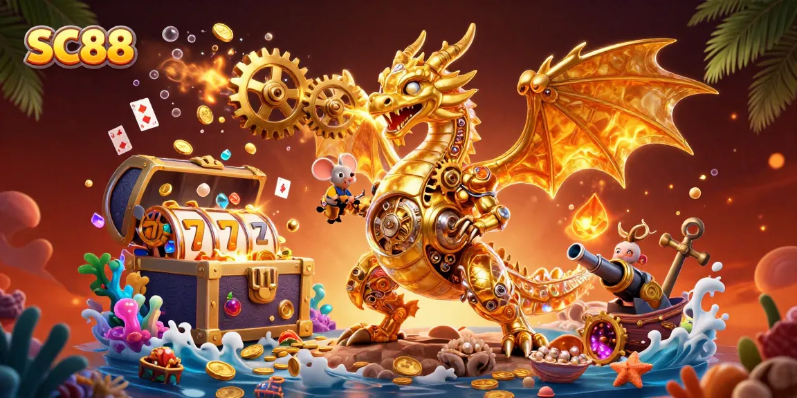 Engage with SC88's thrilling casino action featuring a golden dragon and treasure.