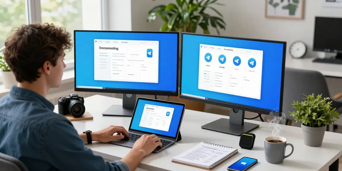 Downloading Telegram at a modern tech workspace with multiple devices and vibrant atmosphere.