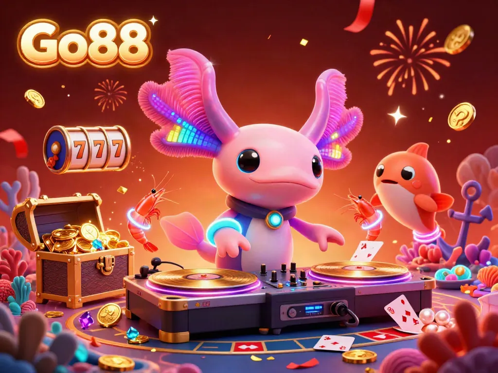 Experience the vibrant Go88 casino scene with DJ axolotl, dancing shrimp, and exciting gaming elements.
