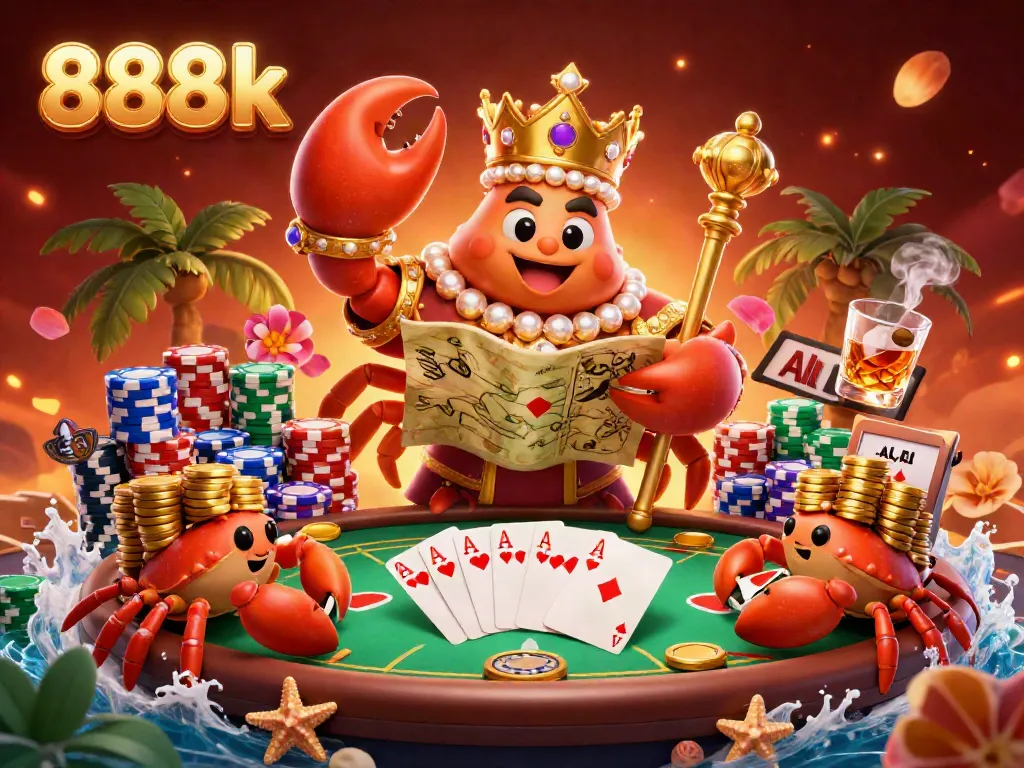 Engage in thrilling gaming at 888k with a vibrant casino scene featuring a majestic crab emperor and lively poker elements.