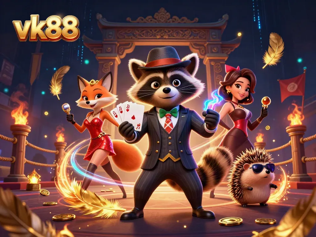 Experience vk88 with a stunning royal flush hand surrounded by vibrant gambling elements.