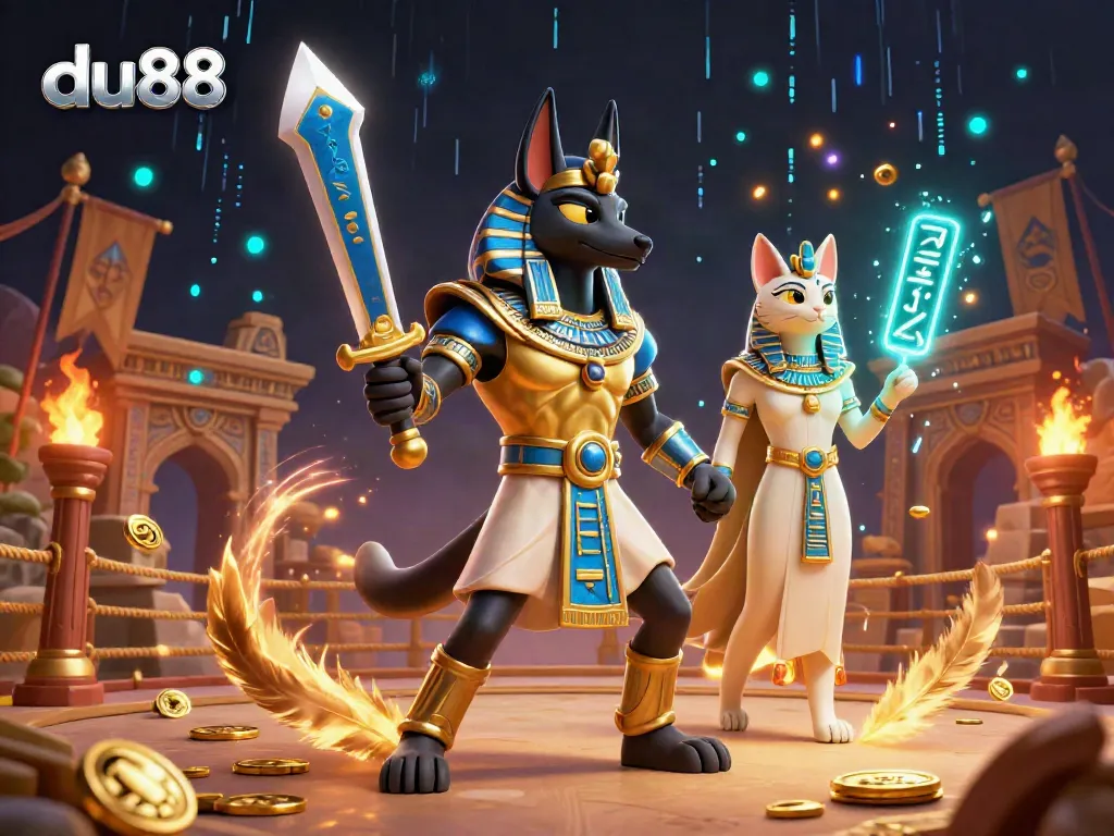 Engage with du88's thrilling gaming scene, featuring the Anubis warrior and Bastet in a vibrant atmosphere.