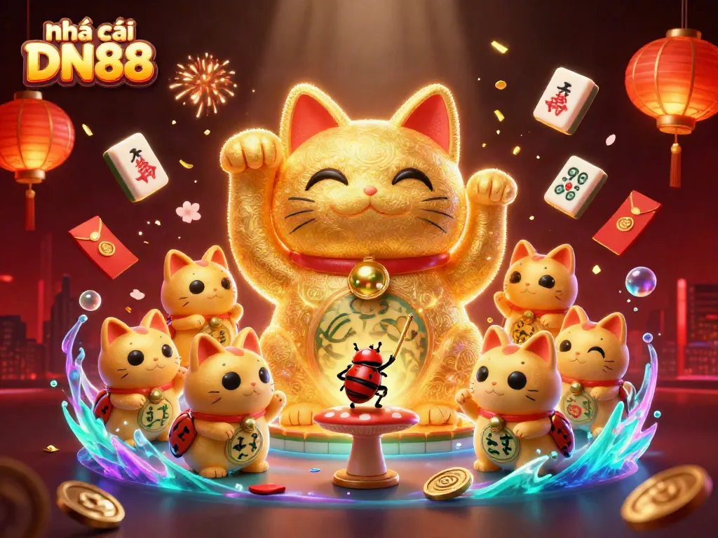 Engage in thrilling games at Nhà cái DN88 with a vibrant scene showcasing a lucky cat and fireworks.
