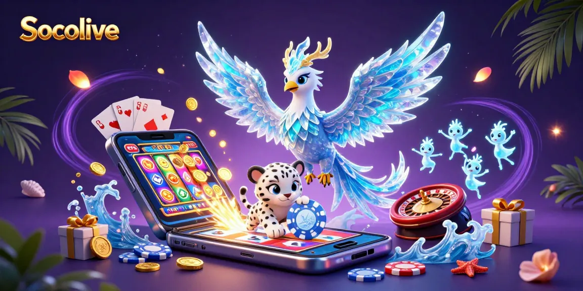 Socolive showcases immersive gaming with an ice phoenix and snow leopard in a magical casino setting.